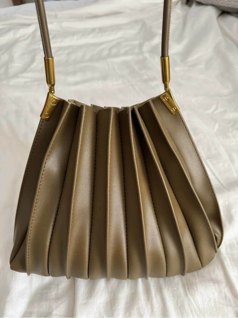 Melie Bianco Olive Pleated Shoulder Bag with Gold Hardware
